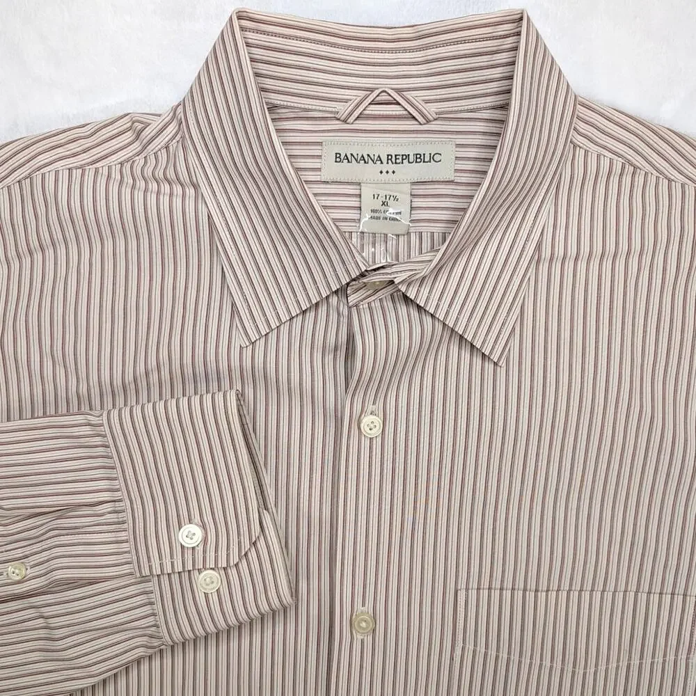 Banana Republic Vintage Mens Button Down Shirt XL 17-17.5 Beige Vertical Stripe
